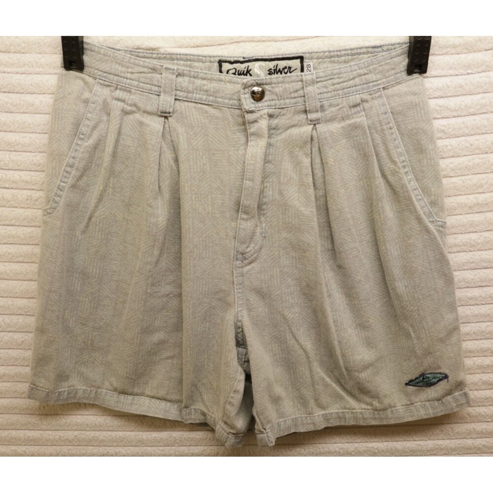 Vintage 80s Quiksilver Pleated Surf Shorts USA Made Grey Textured Denim Size 28